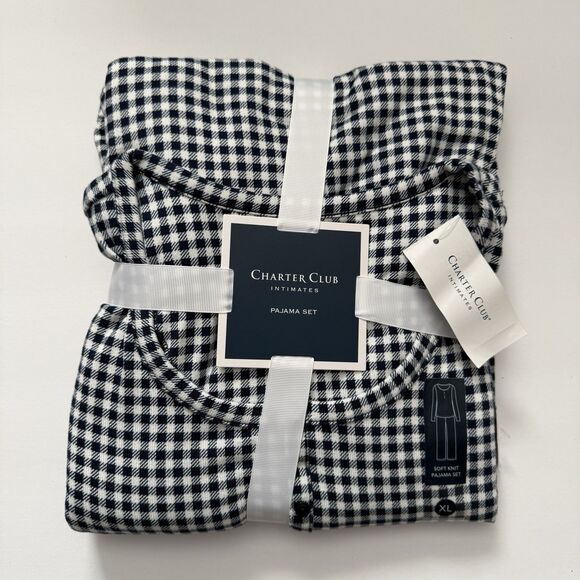NWT Charter Club Women 2 Piece Pajama Set Blue White Gingham Check Soft Knit - Picture 1 of 3